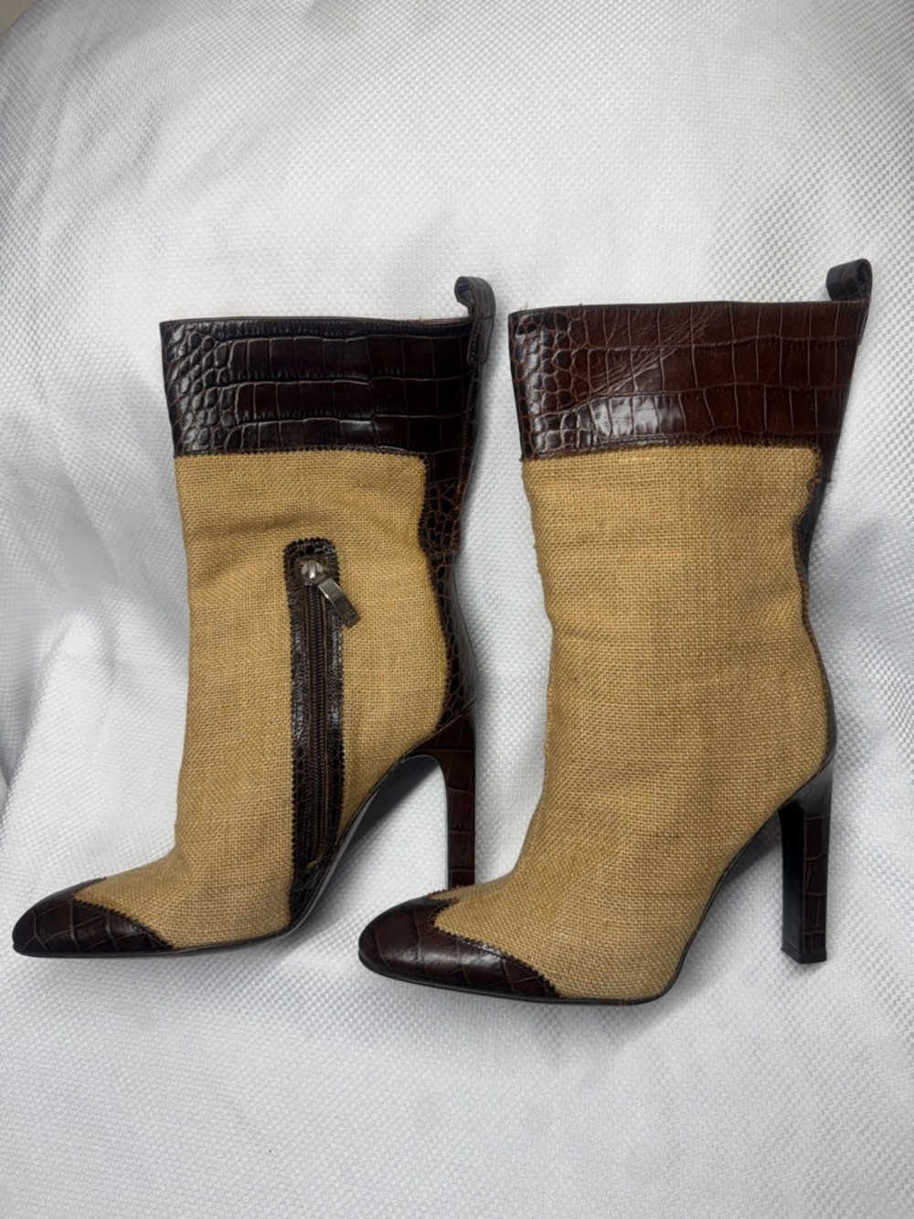 Cesare Paciotti Beige Textile & Dark Brown Croc-Trim High Heel Booties - Size 7